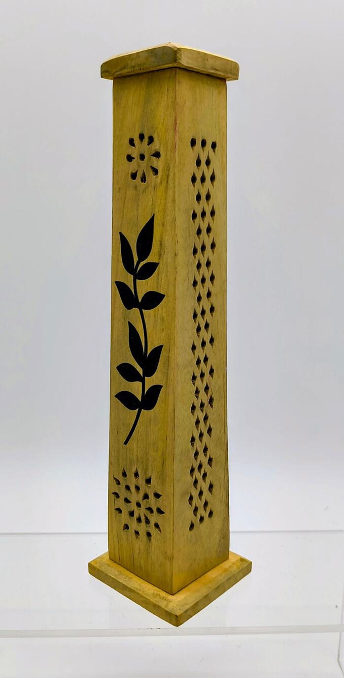 Wooden Incense Tower  Hand Carved Leaf & Lattice Pattern for 11" Sticks & Cones